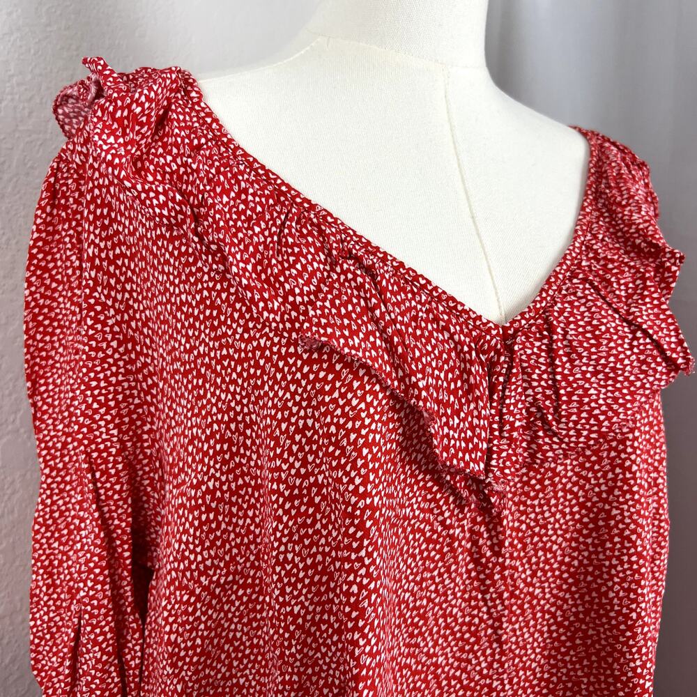 Loft Top Womens‎ 18 Red Heart Print Ruffle Trim Peasant Boho Chic Romantic Flowy - Picture 2 of 11